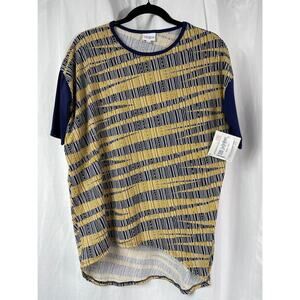 LuLaRoe Irma Top Striped Oversized Short Sleeve Blue Yellow